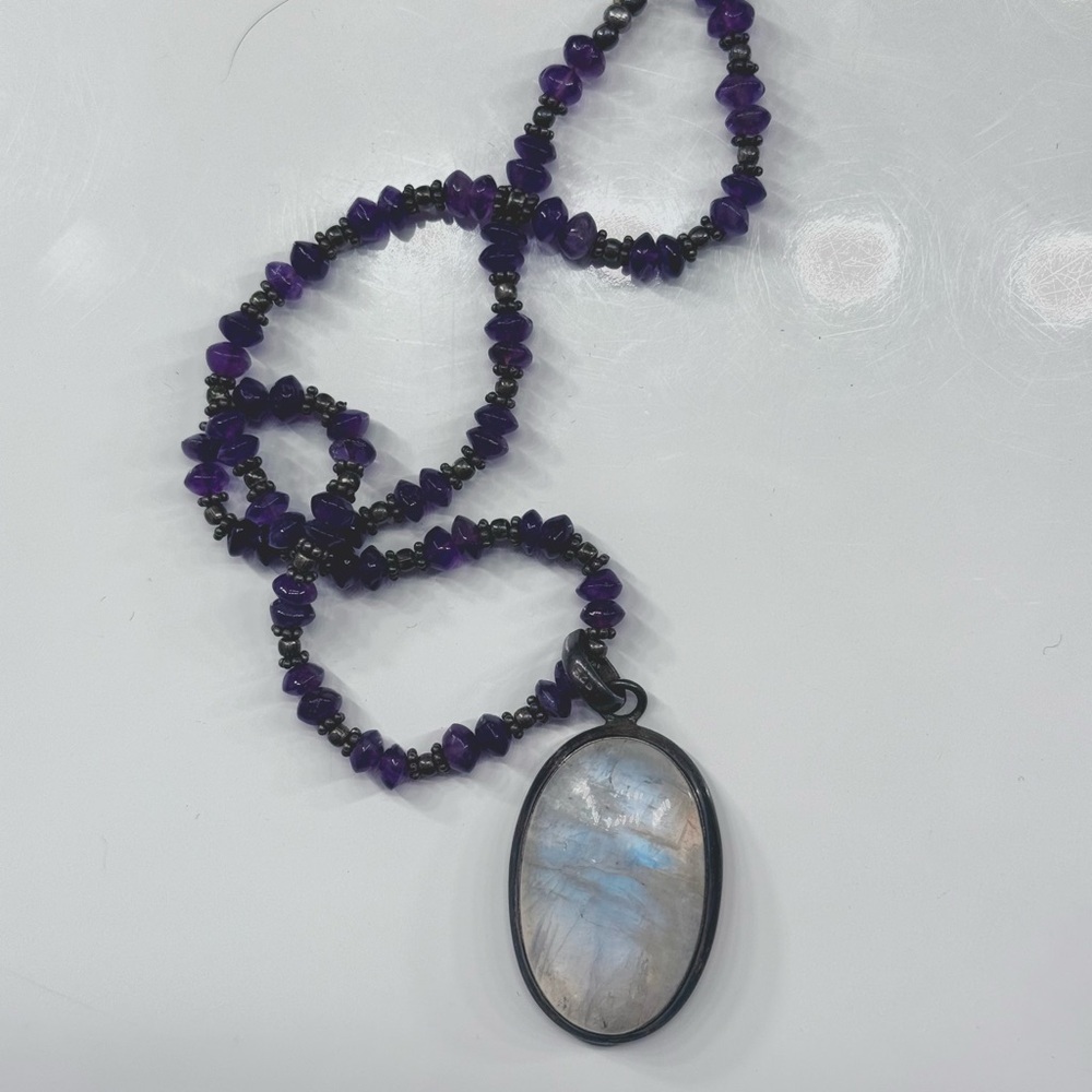Elegant Purple Amethyst and Silver Beaded Necklace with Moonstone Pendant